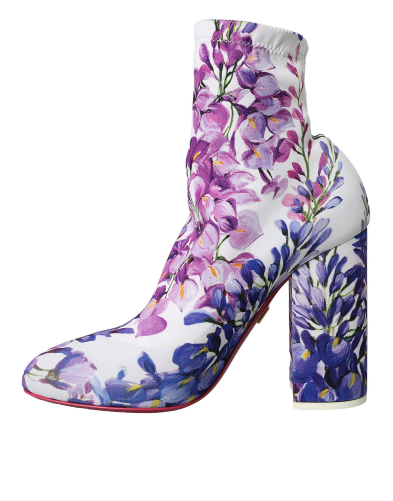 White Floral Jersey Stretch Boots Shoes Dolce & Gabbana