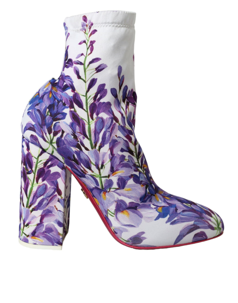 White Floral Jersey Stretch Boots Shoes Dolce & Gabbana