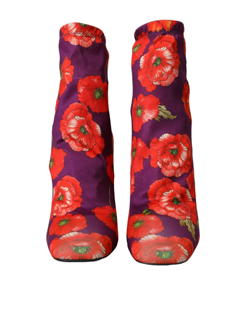 Purple Floral Jersey Stretch Boots Shoes Dolce & Gabbana