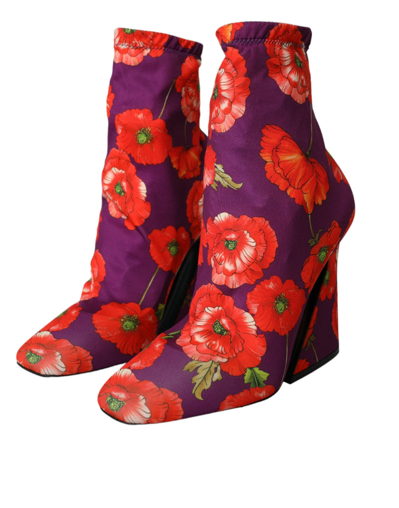 Purple Floral Jersey Stretch Boots Shoes Dolce & Gabbana