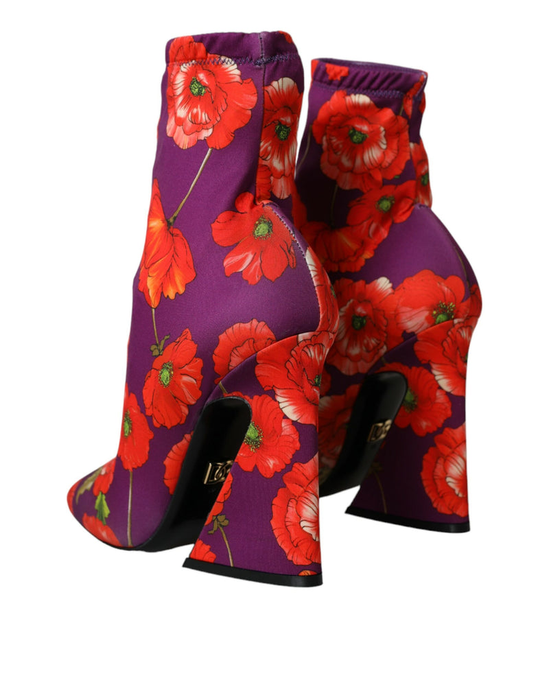 Purple Floral Jersey Stretch Boots Shoes Dolce & Gabbana