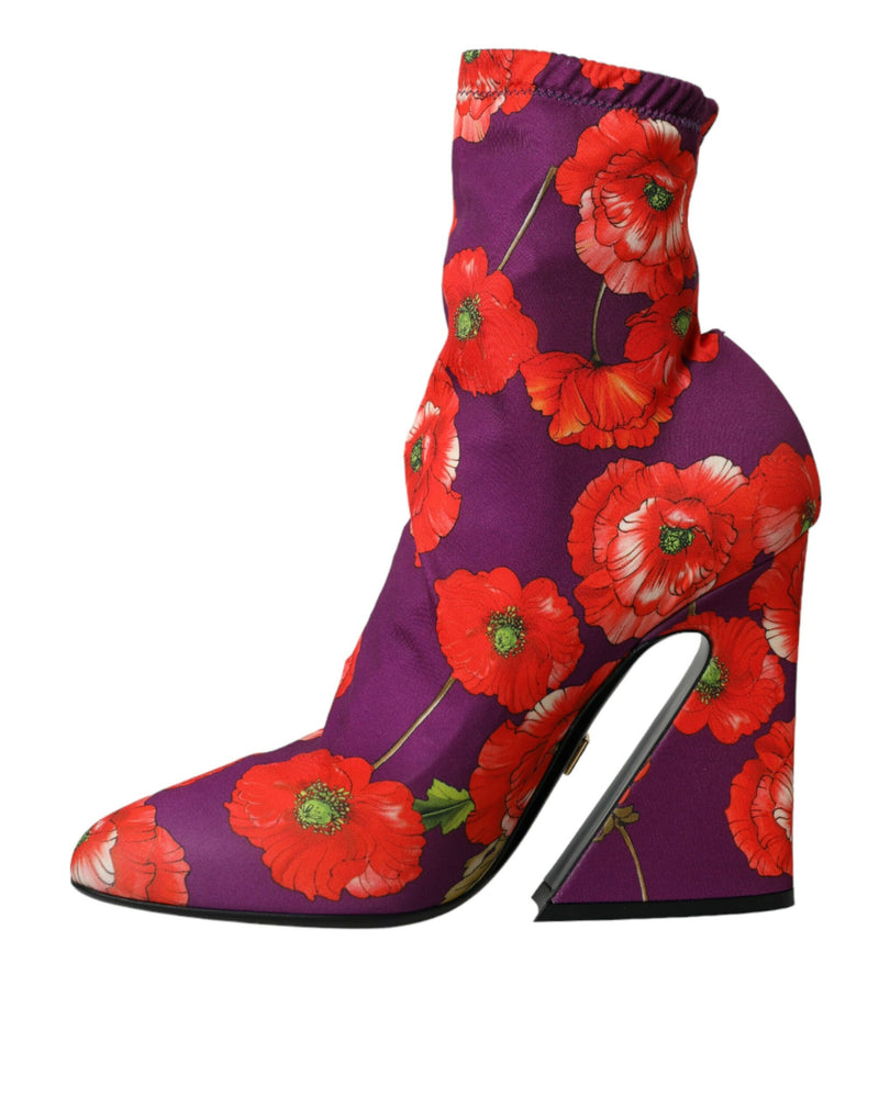 Purple Floral Jersey Stretch Boots Shoes Dolce & Gabbana