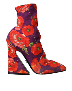 Purple Floral Jersey Stretch Boots Shoes Dolce & Gabbana