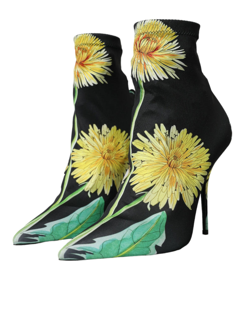 Black Floral Jersey Stretch Ankle Boots Shoes Dolce & Gabbana