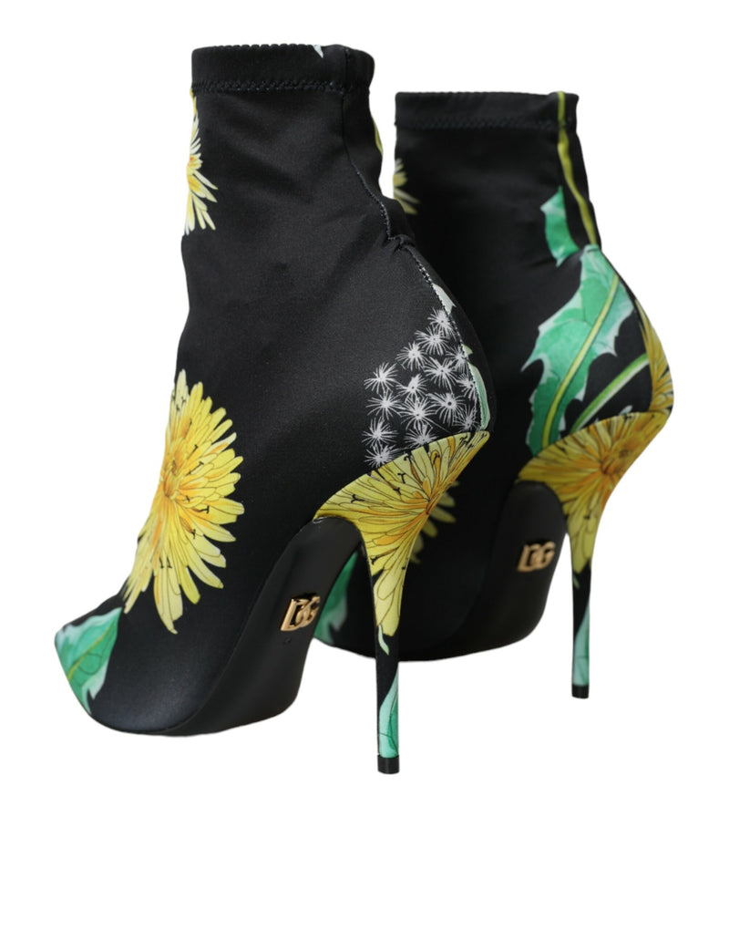 Black Floral Jersey Stretch Ankle Boots Shoes Dolce & Gabbana