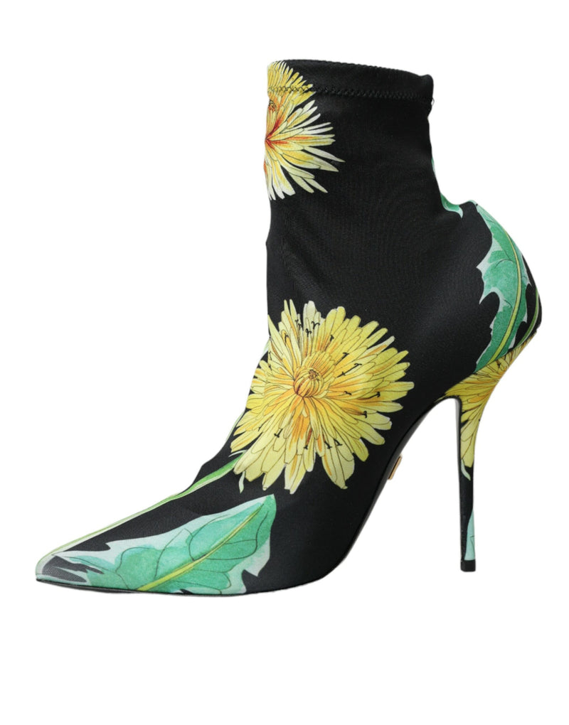 Black Floral Jersey Stretch Ankle Boots Shoes Dolce & Gabbana