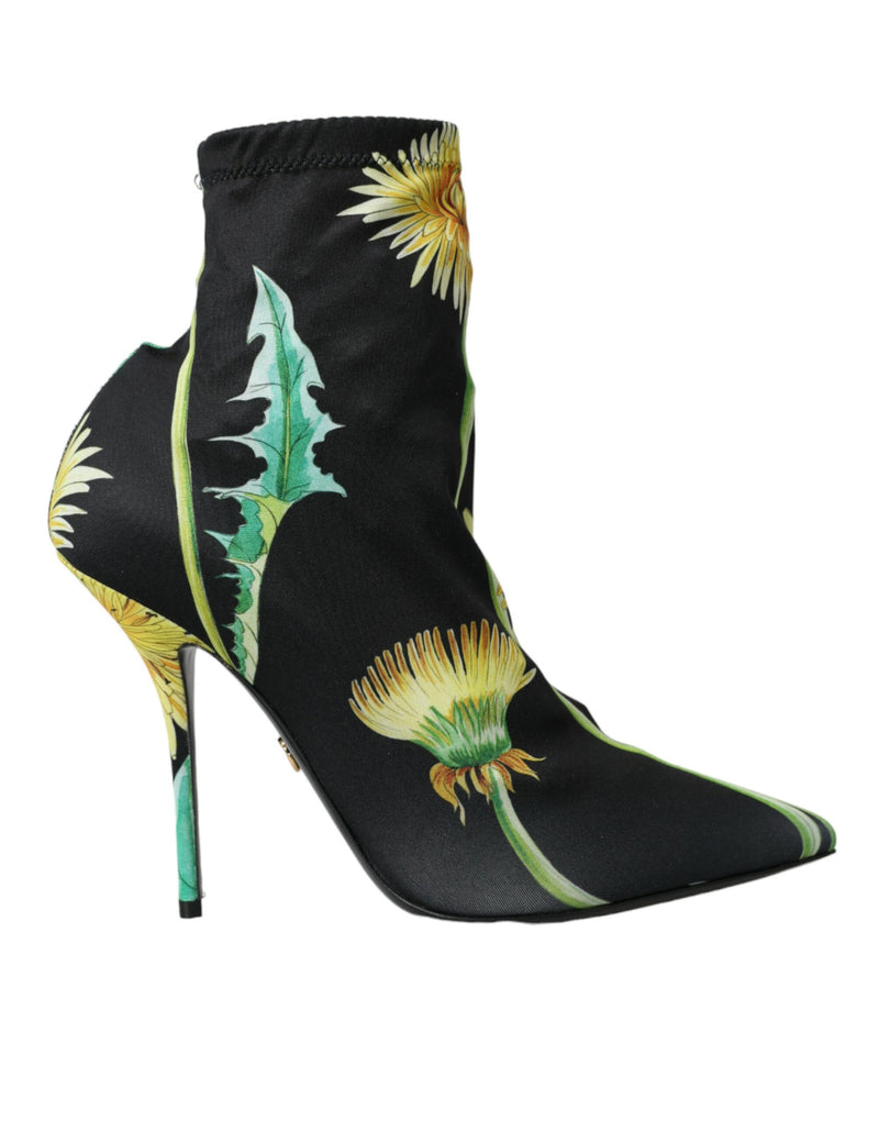 Black Floral Jersey Stretch Ankle Boots Shoes Dolce & Gabbana