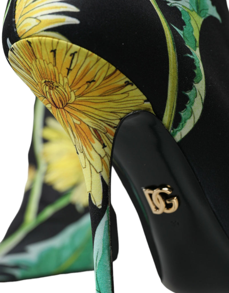 Black Floral Jersey Stretch Ankle Boots Shoes Dolce & Gabbana