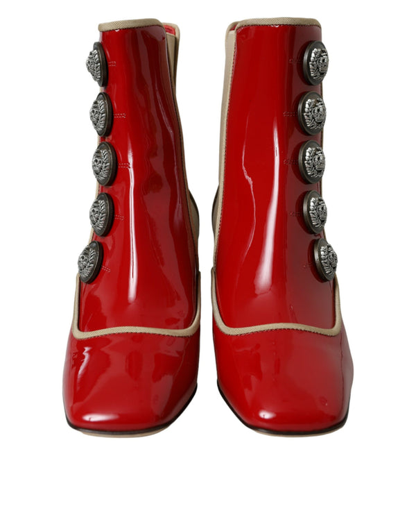 Red Beige Leather Embellished Mid Calf Boots Shoes Dolce & Gabbana