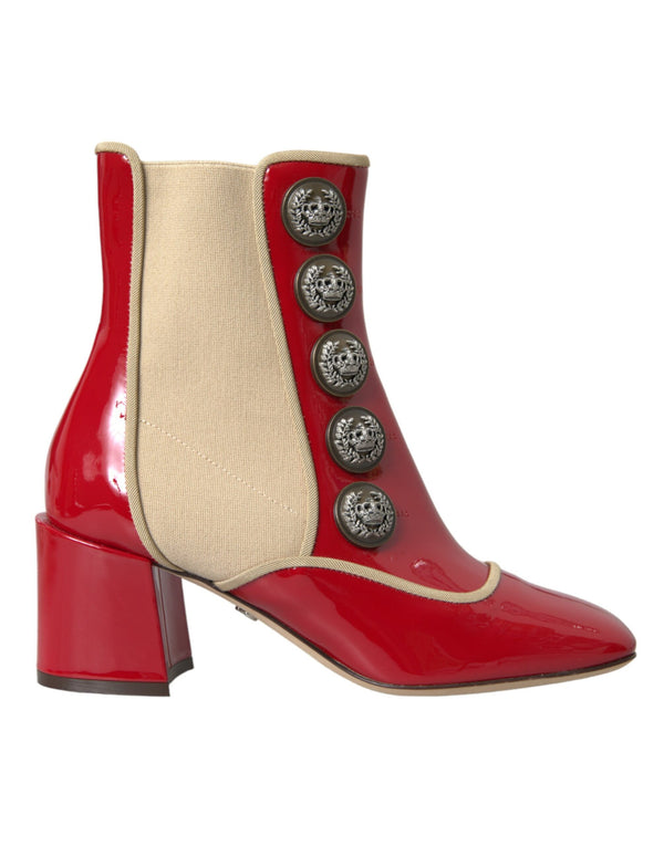 Red Beige Leather Embellished Mid Calf Boots Shoes Dolce & Gabbana