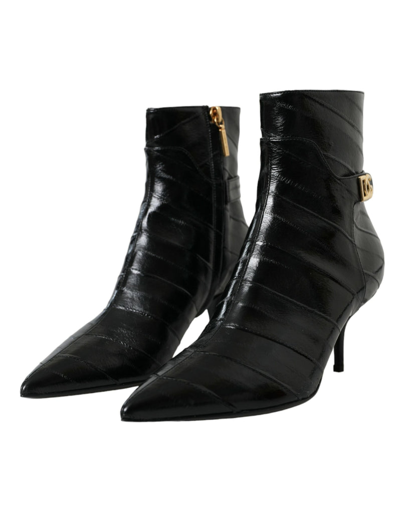 Black Eel Leather Logo Short Boots Shoes Dolce & Gabbana