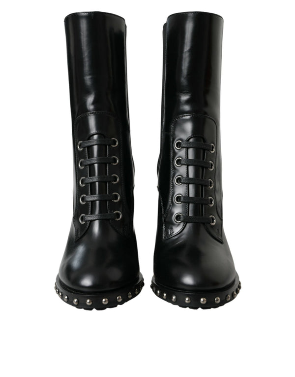 Black Leather Studded Lace Up Boots Shoes Dolce & Gabbana