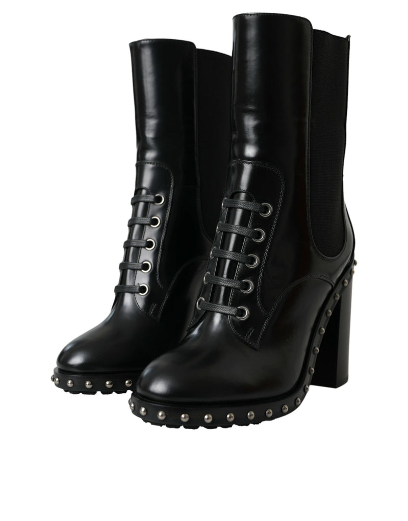 Black Leather Studded Lace Up Boots Shoes Dolce & Gabbana