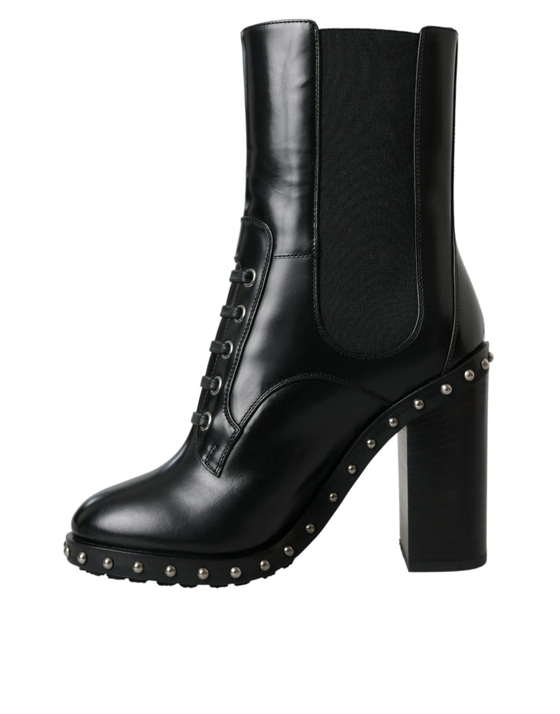 Black Leather Studded Lace Up Boots Shoes Dolce & Gabbana