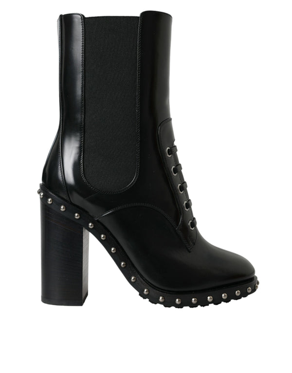 Black Leather Studded Lace Up Boots Shoes Dolce & Gabbana