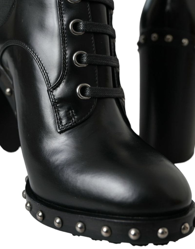 Black Leather Studded Lace Up Boots Shoes Dolce & Gabbana