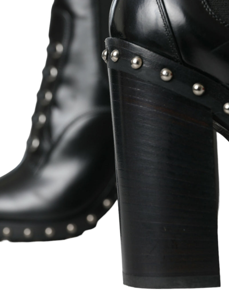 Black Leather Studded Lace Up Boots Shoes Dolce & Gabbana