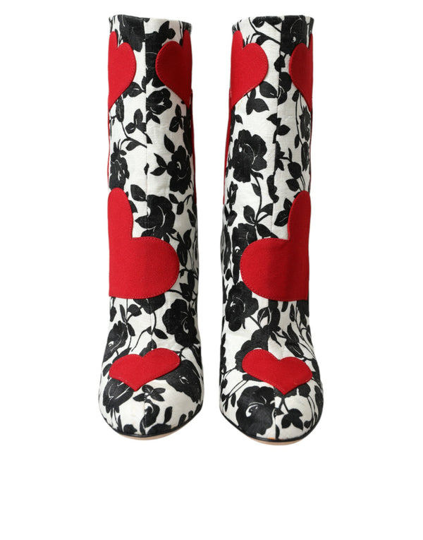 White Floral Hearts Leather High Boots Shoes Dolce & Gabbana