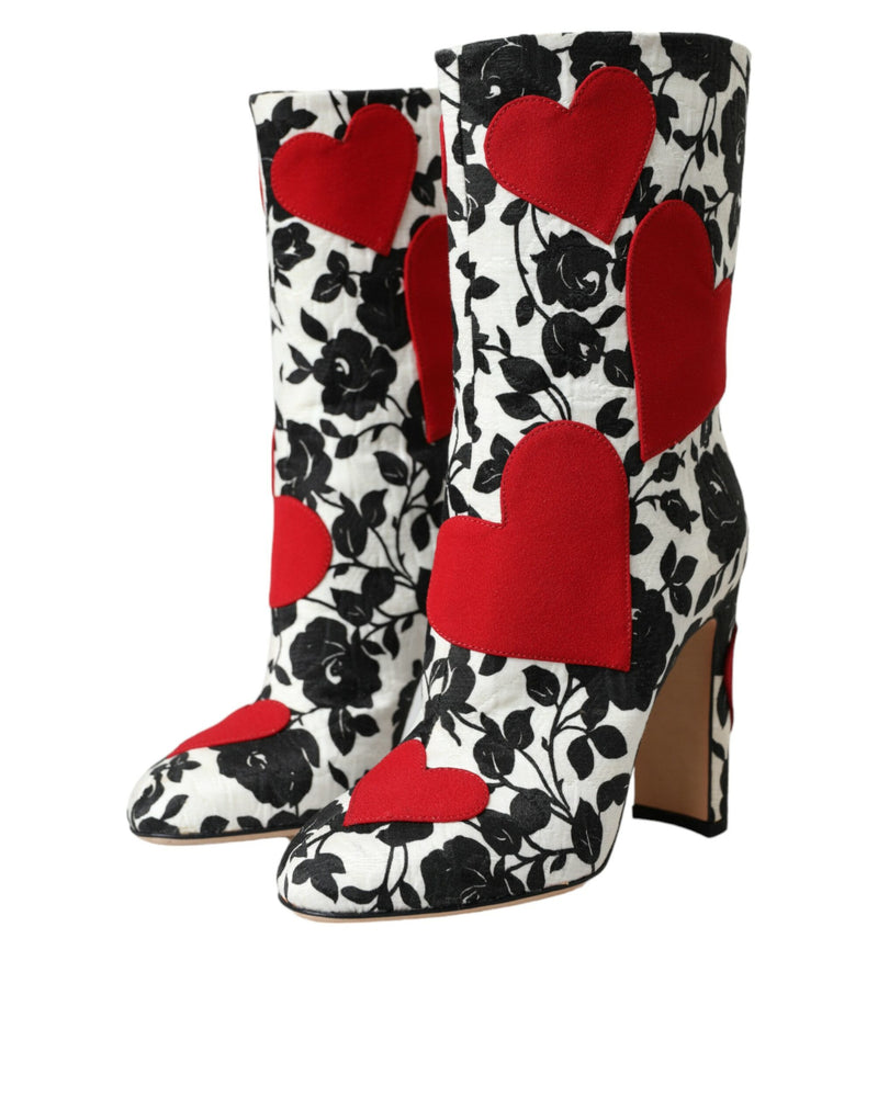 White Floral Hearts Leather High Boots Shoes Dolce & Gabbana