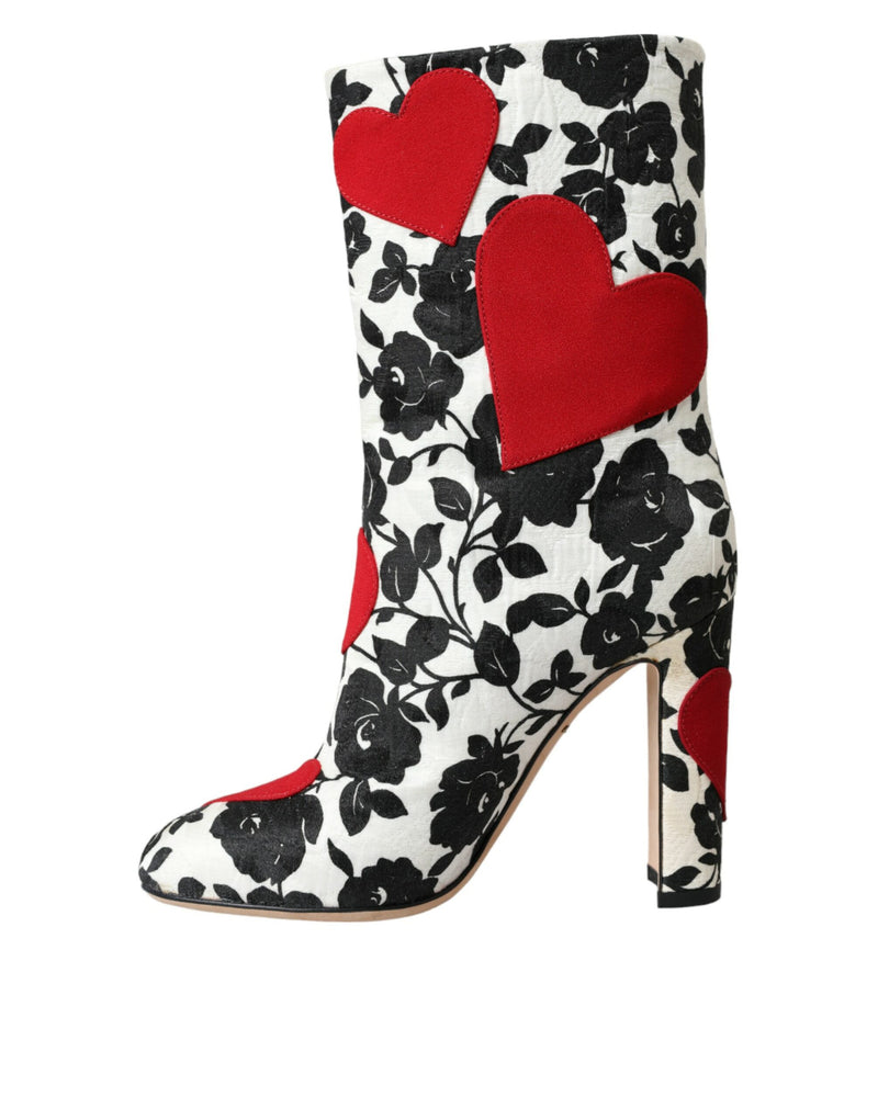 White Floral Hearts Leather High Boots Shoes Dolce & Gabbana