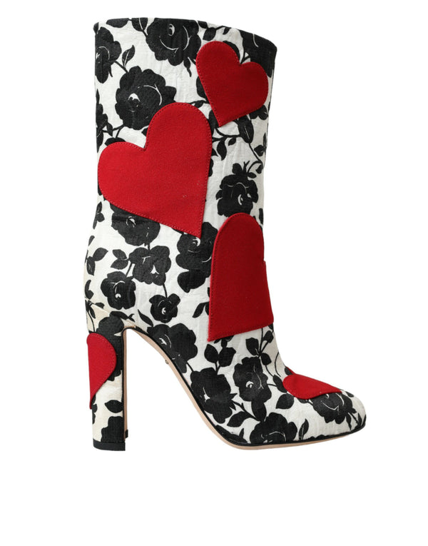 White Floral Hearts Leather High Boots Shoes Dolce & Gabbana