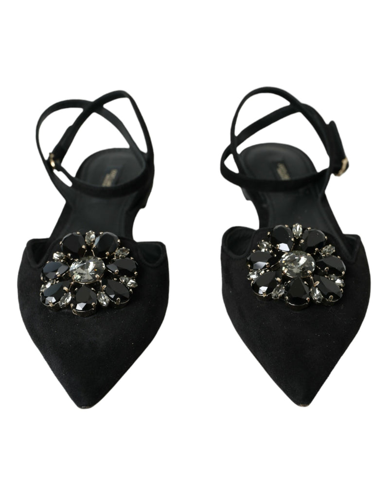 Black Leather Crystal Slingback Sandals Shoes Dolce & Gabbana