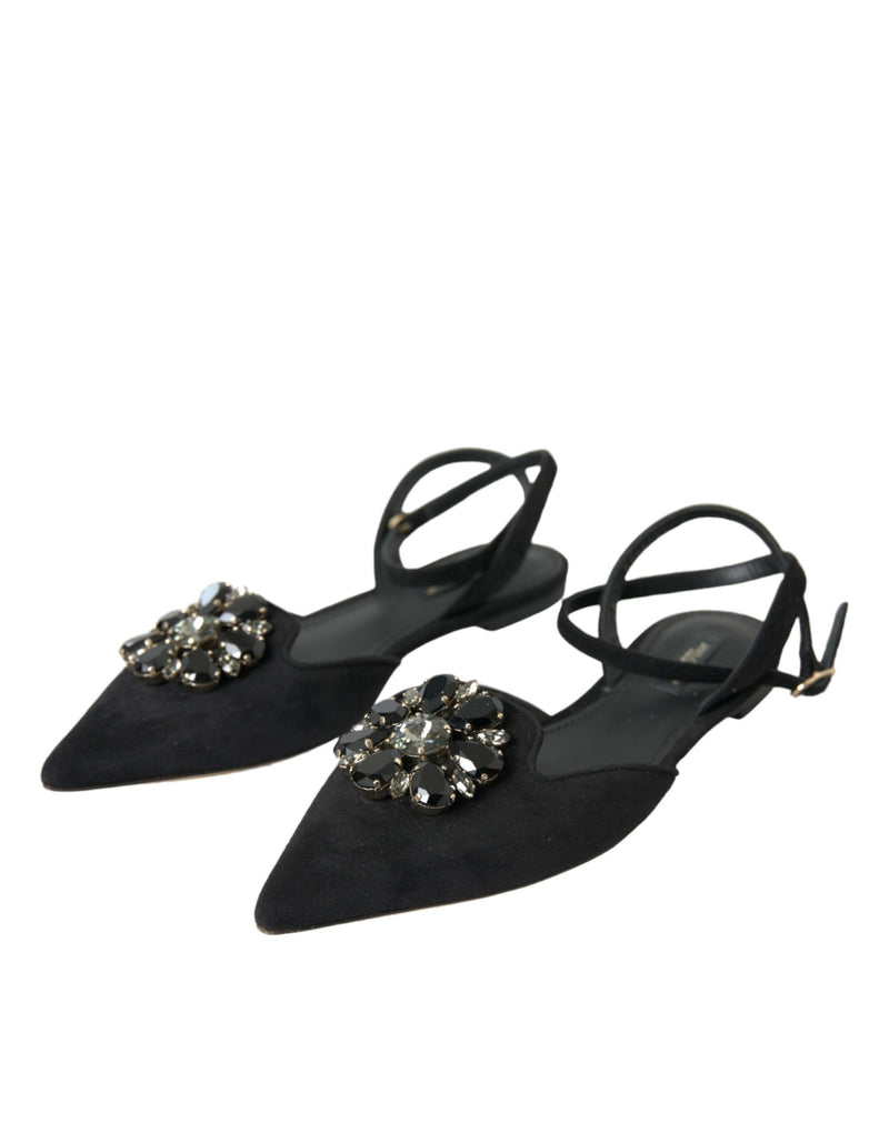 Black Leather Crystal Slingback Sandals Shoes Dolce & Gabbana