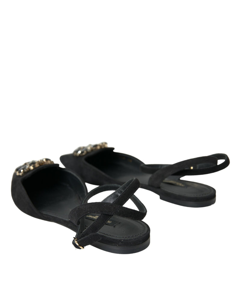 Black Leather Crystal Slingback Sandals Shoes Dolce & Gabbana