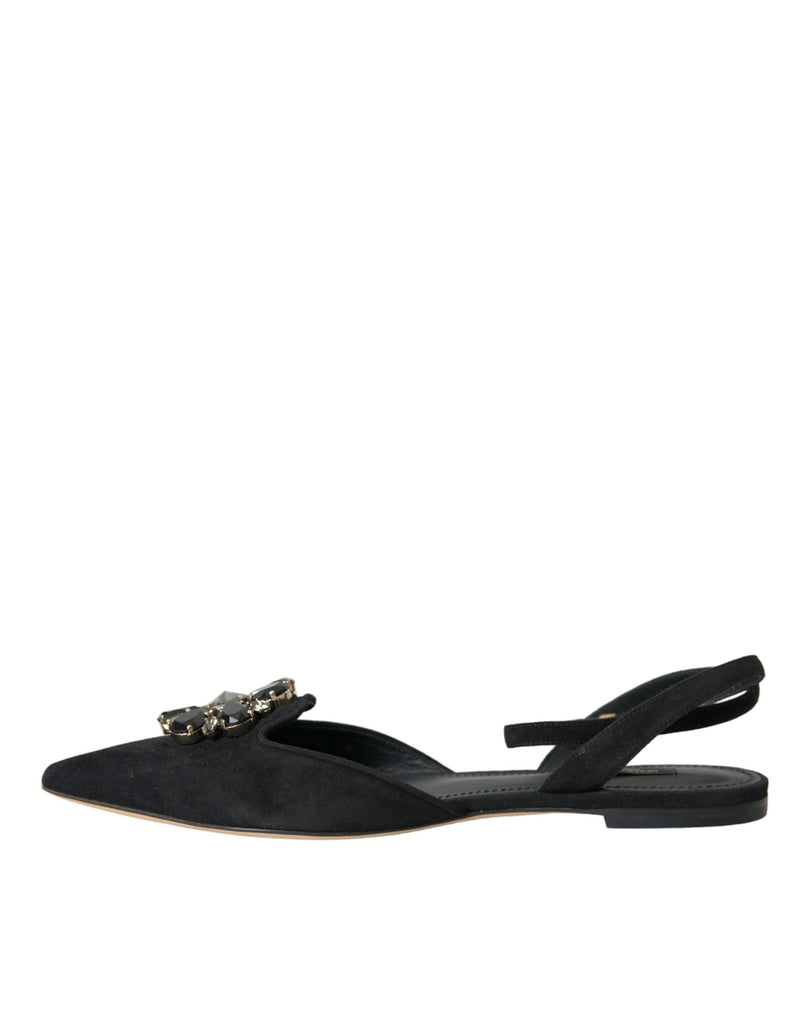 Black Leather Crystal Slingback Sandals Shoes Dolce & Gabbana