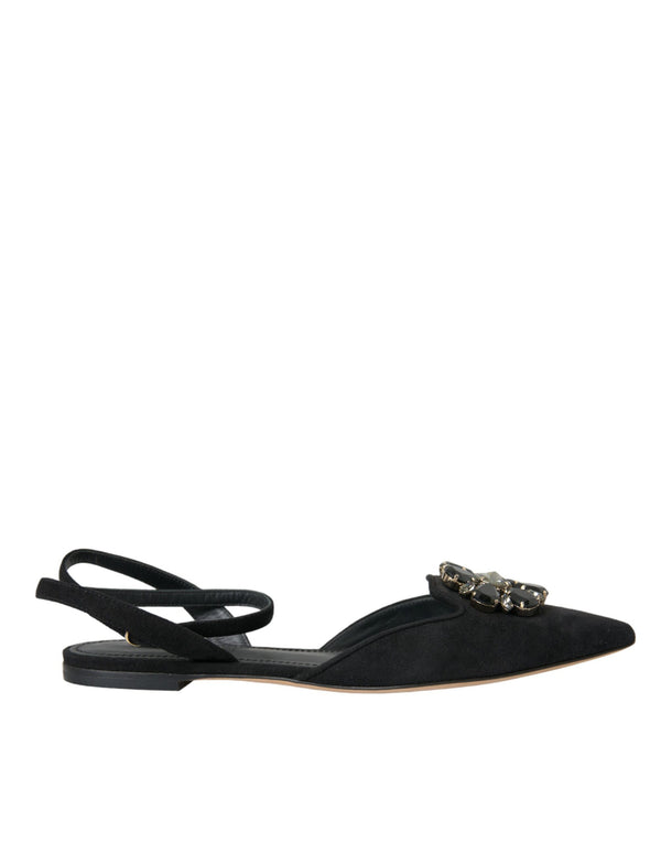 Black Leather Crystal Slingback Sandals Shoes Dolce & Gabbana