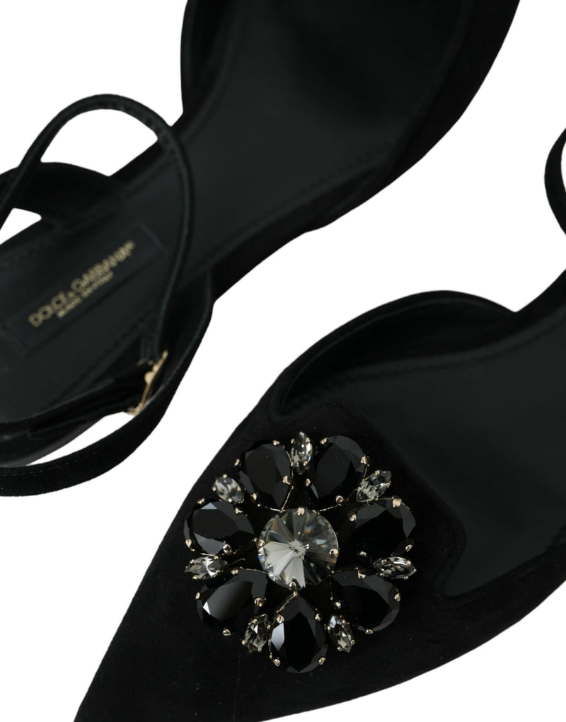 Black Leather Crystal Slingback Sandals Shoes Dolce & Gabbana