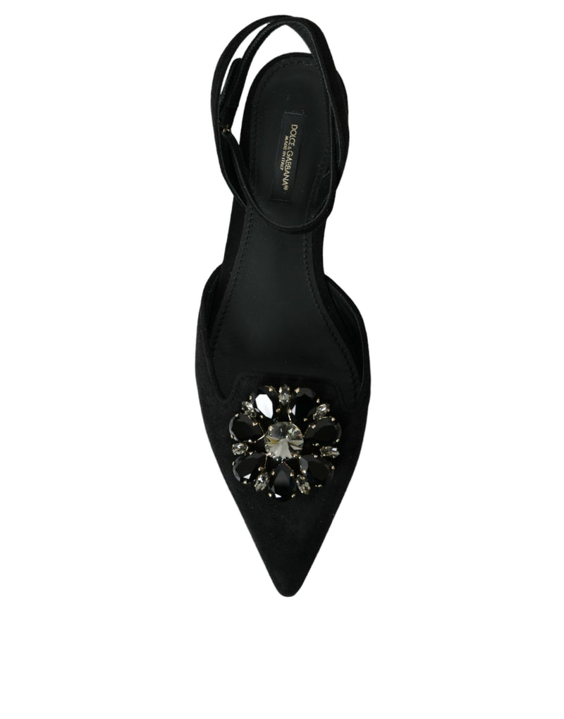 Black Leather Crystal Slingback Sandals Shoes Dolce & Gabbana