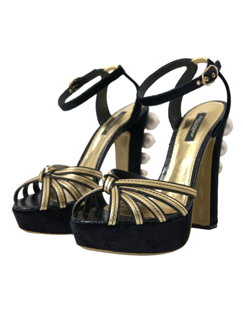 Black Gold Embellished Heels Sandals Shoes Dolce & Gabbana