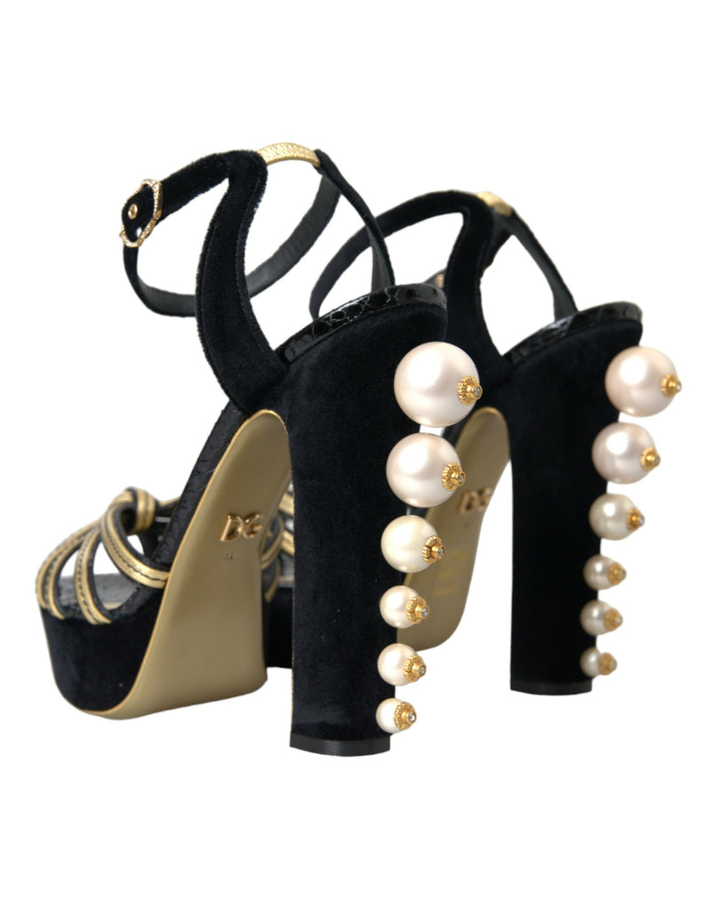 Black Gold Embellished Heels Sandals Shoes Dolce & Gabbana