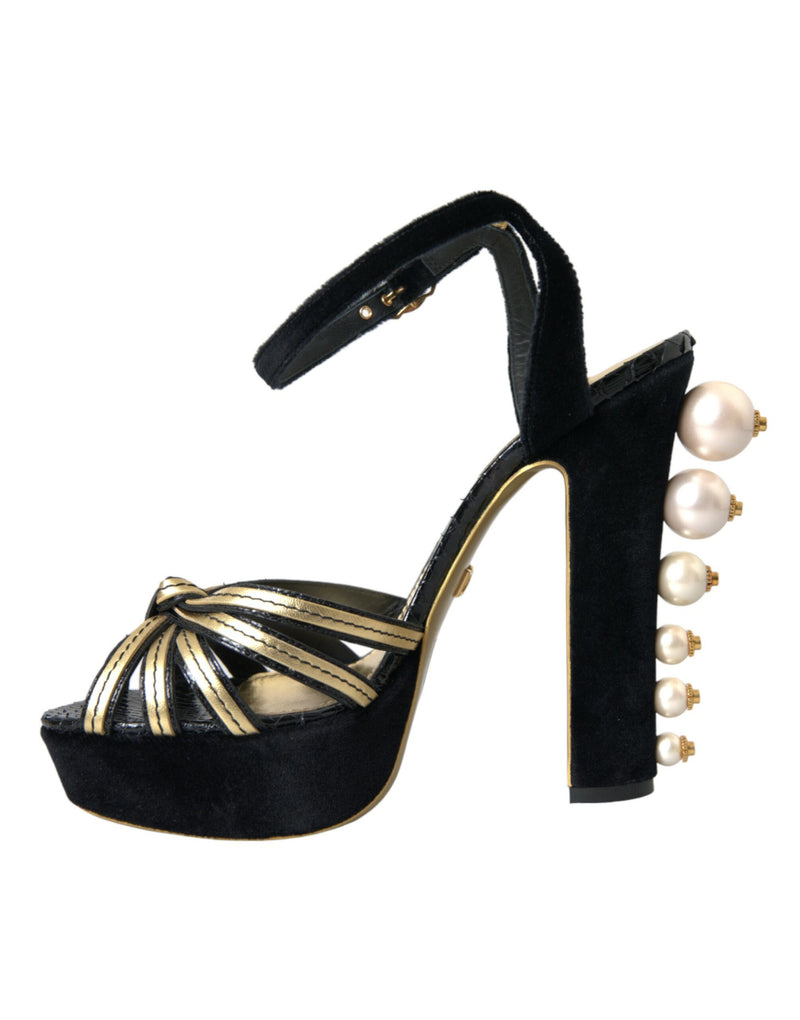 Black Gold Embellished Heels Sandals Shoes Dolce & Gabbana