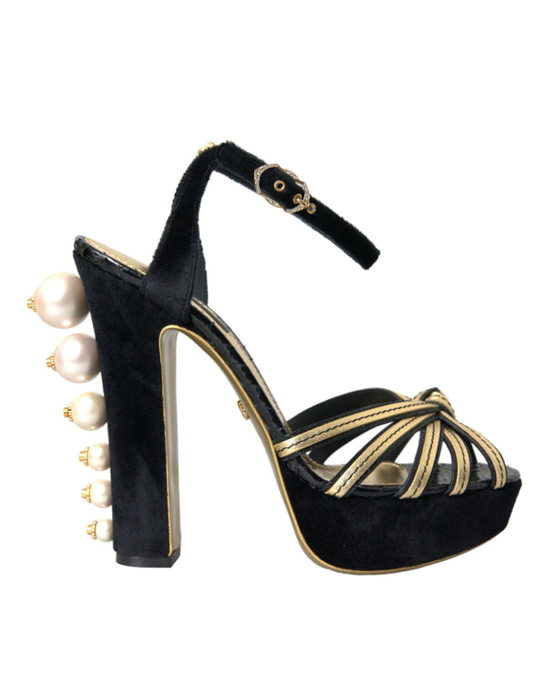 Black Gold Embellished Heels Sandals Shoes Dolce & Gabbana