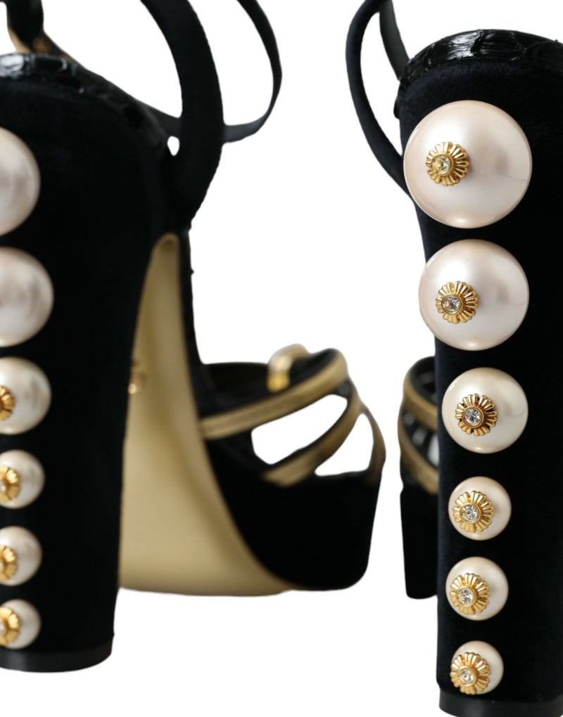 Black Gold Embellished Heels Sandals Shoes Dolce & Gabbana