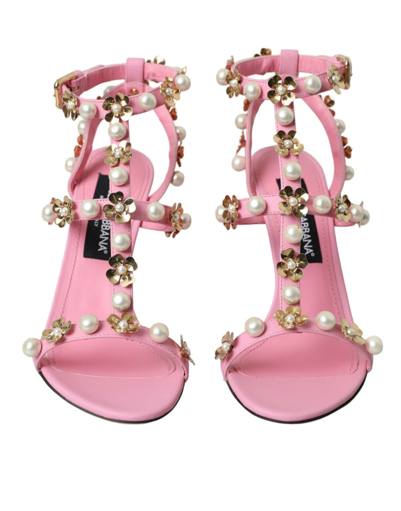 Pink Leather Embellished Heels Sandals Shoes Dolce & Gabbana