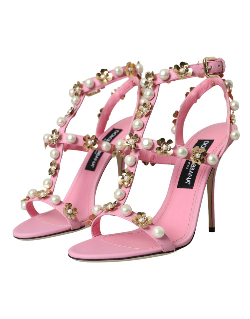 Pink Leather Embellished Heels Sandals Shoes Dolce & Gabbana