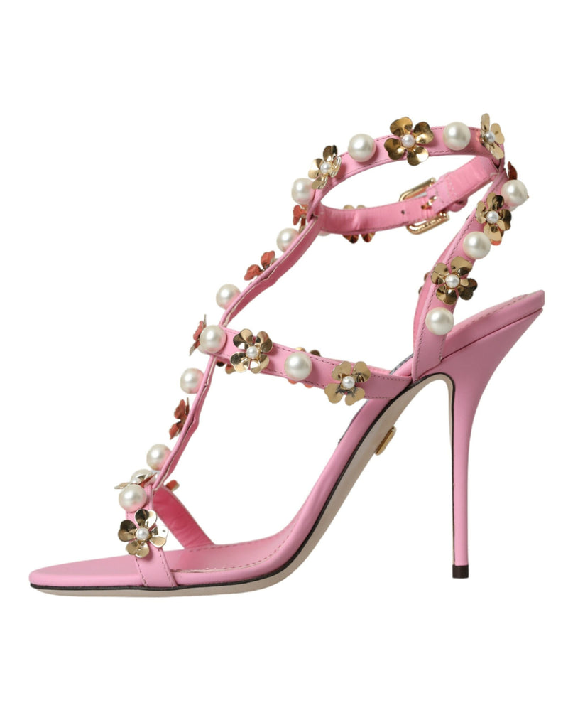 Pink Leather Embellished Heels Sandals Shoes Dolce & Gabbana