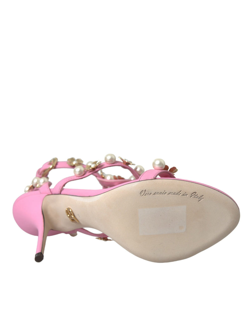 Pink Leather Embellished Heels Sandals Shoes Dolce & Gabbana