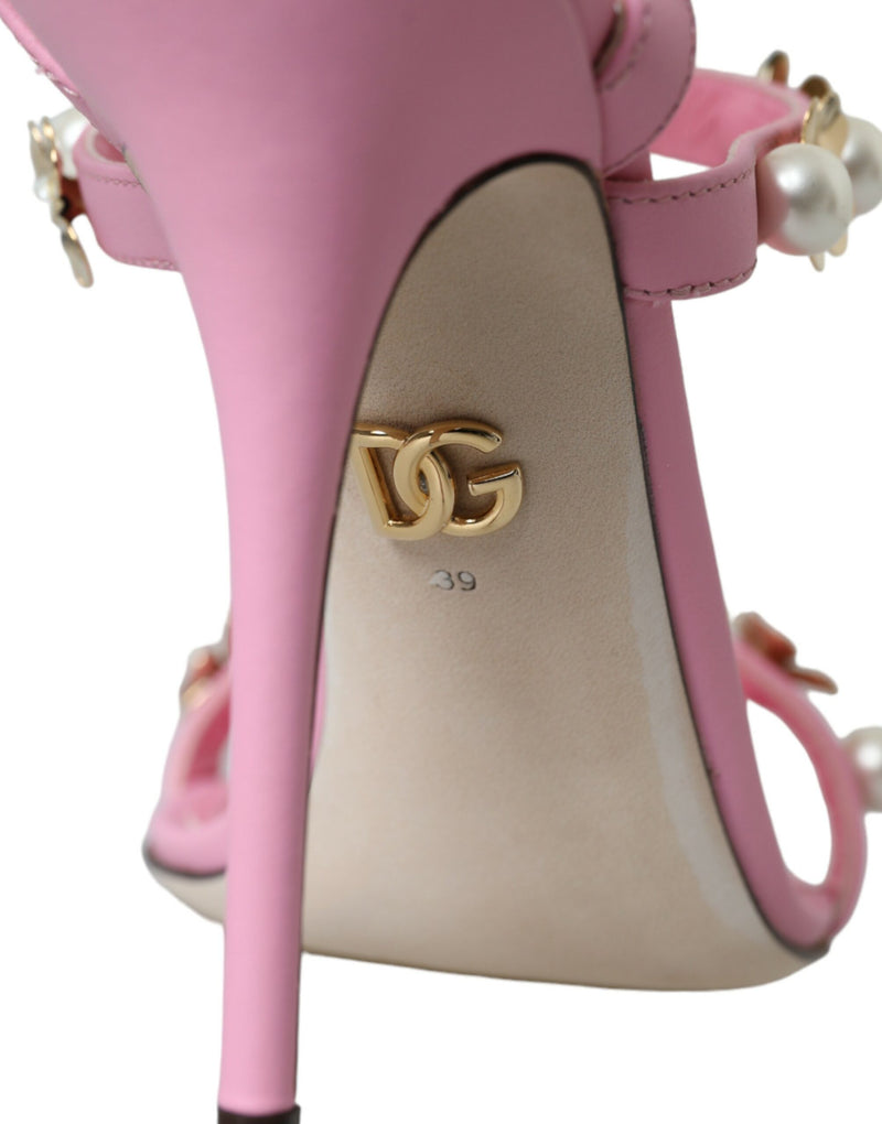 Pink Leather Embellished Heels Sandals Shoes Dolce & Gabbana