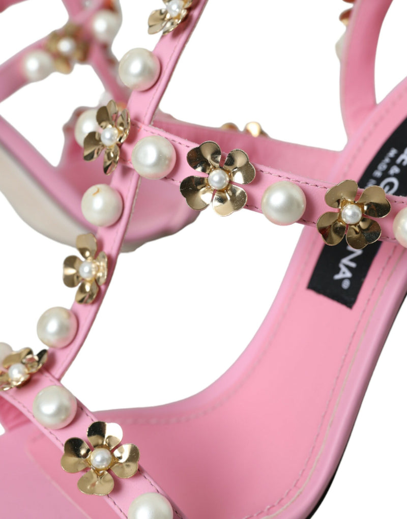 Pink Leather Embellished Heels Sandals Shoes Dolce & Gabbana