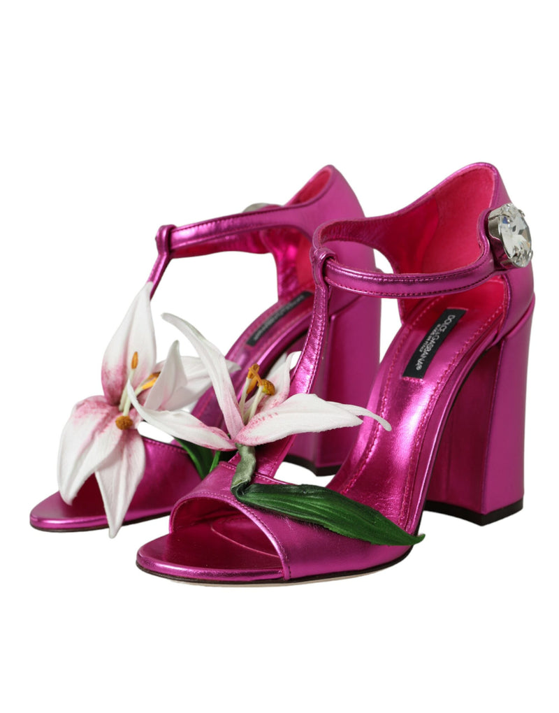 Pink Leather Crystals Floral Sandals Shoes Dolce & Gabbana