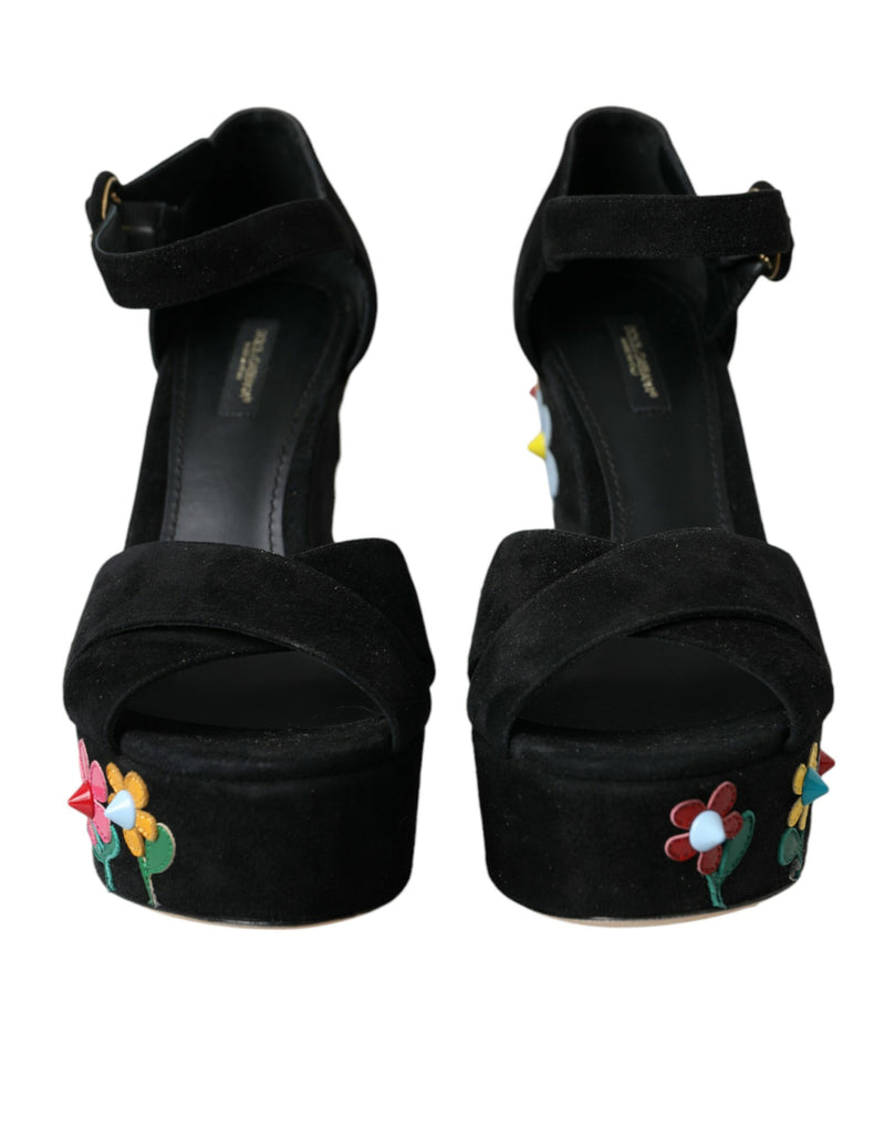 Black Floral Ankle Strap Heels Sandals Shoes Dolce & Gabbana