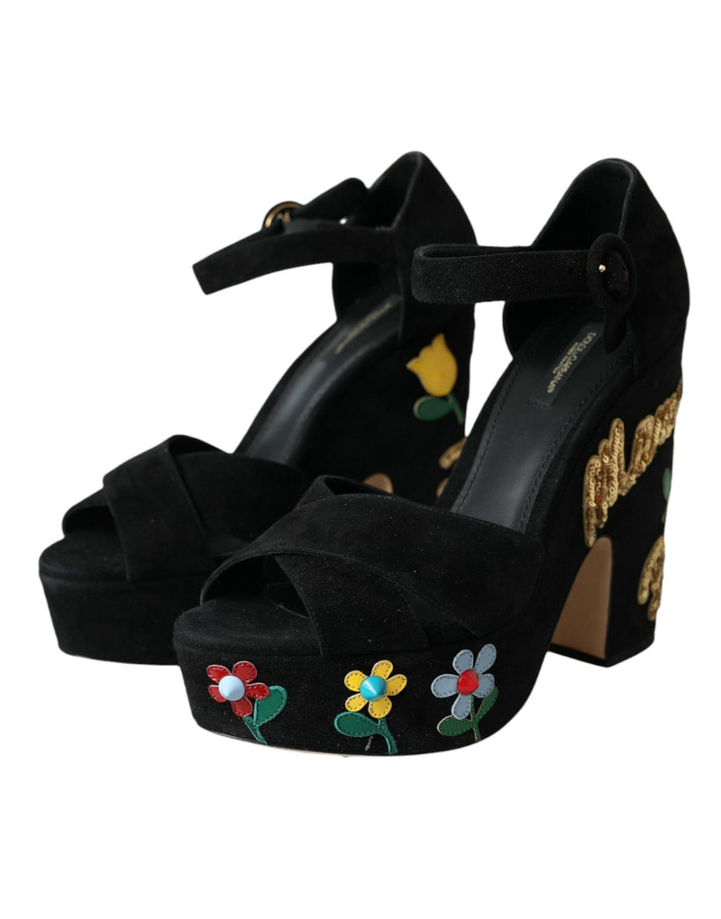 Black Floral Ankle Strap Heels Sandals Shoes Dolce & Gabbana