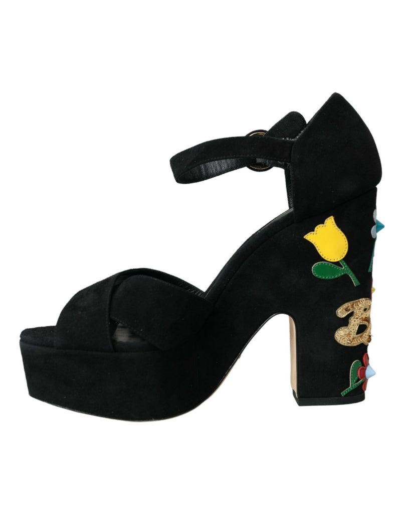 Black Floral Ankle Strap Heels Sandals Shoes Dolce & Gabbana