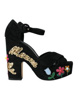 Black Floral Ankle Strap Heels Sandals Shoes Dolce & Gabbana