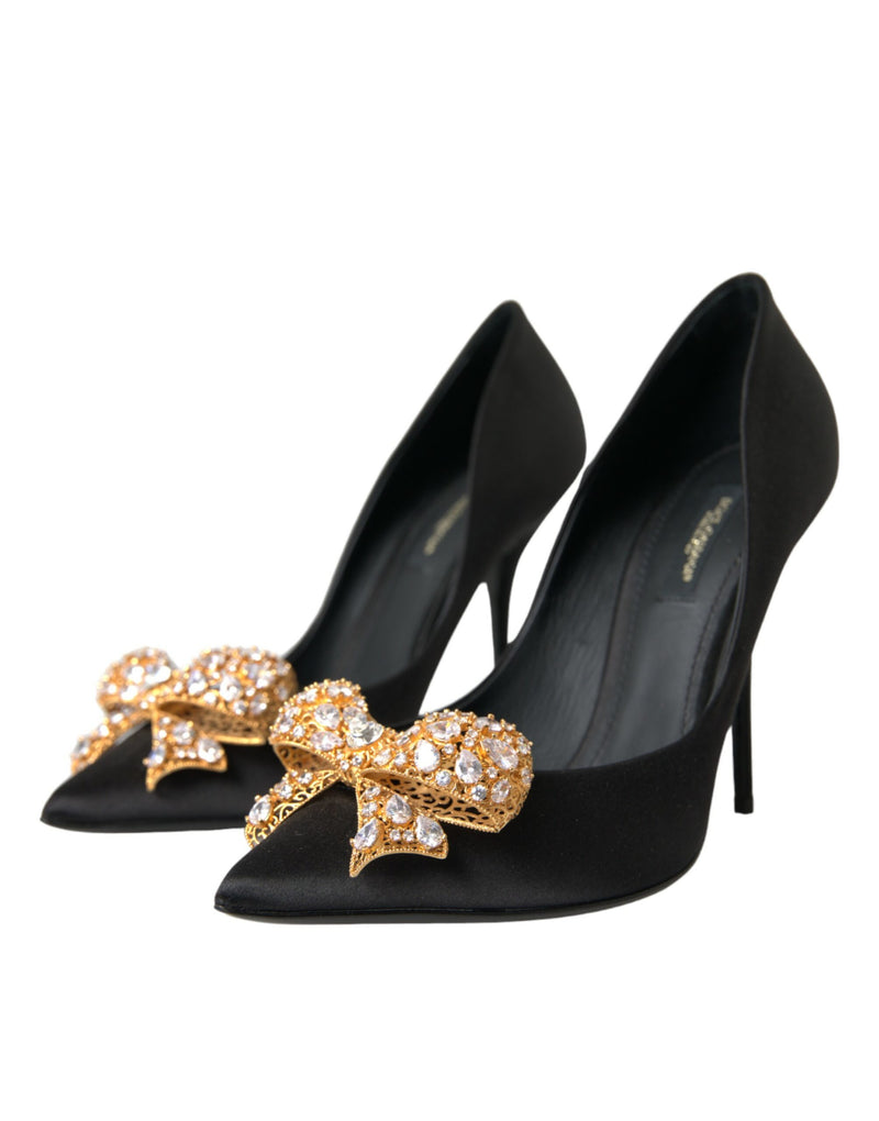 Black Satin Bow Crystal Heels Pumps Shoes Dolce & Gabbana