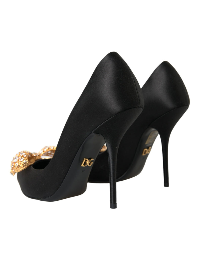 Black Satin Bow Crystal Heels Pumps Shoes Dolce & Gabbana